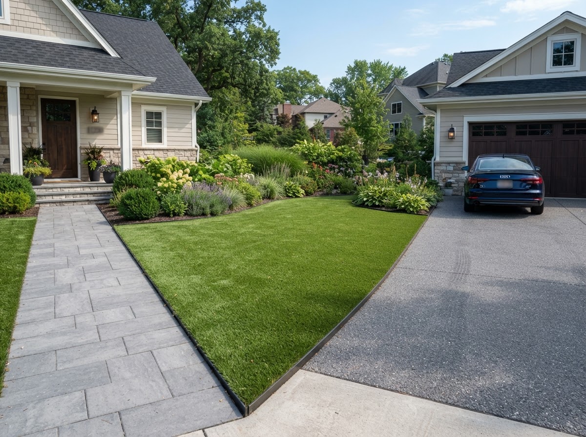 Front yard artificial grass installation in Valley Stream NY