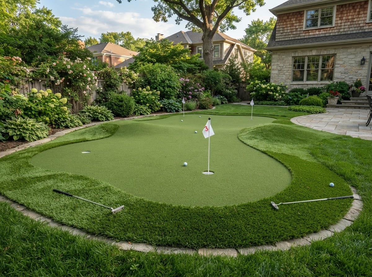 Backyard putting green and sports turf in Valley Stream NY