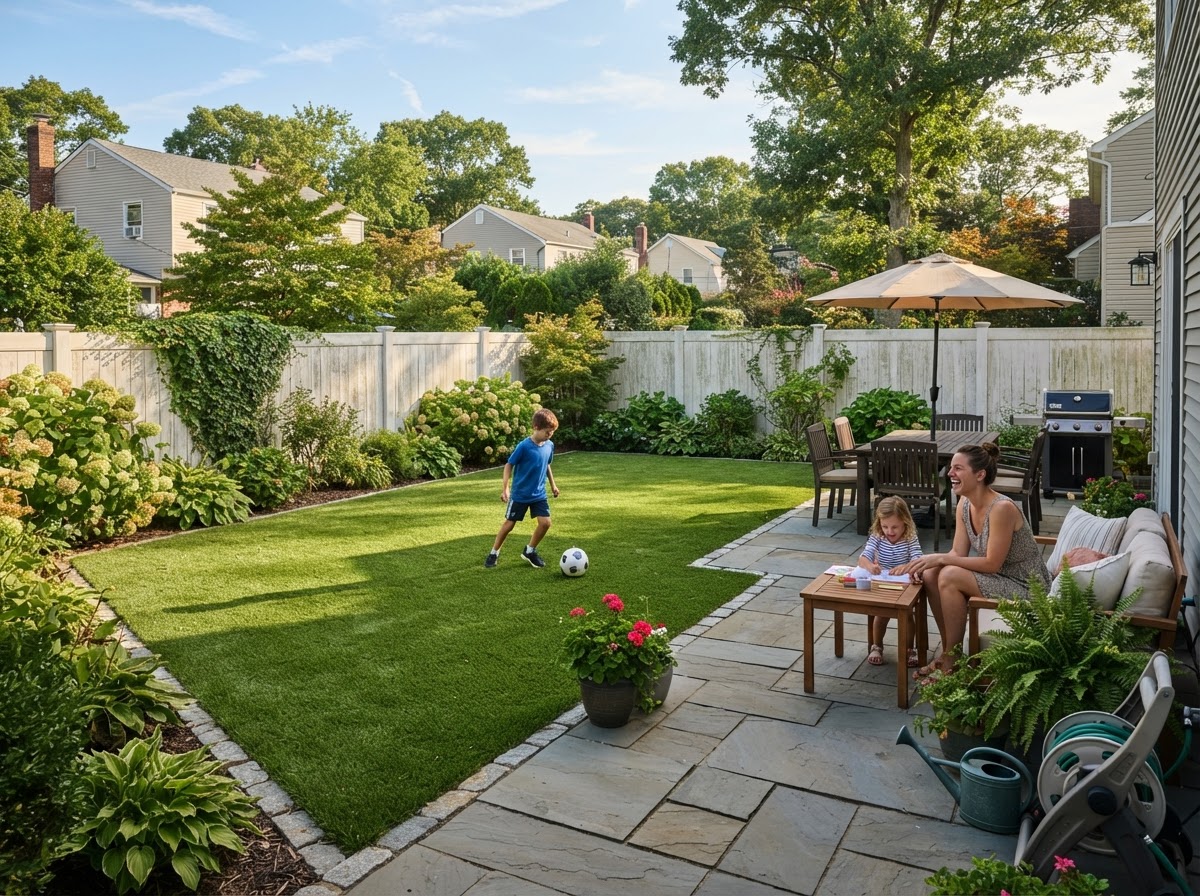 Backyard artificial grass for a Valley Stream home