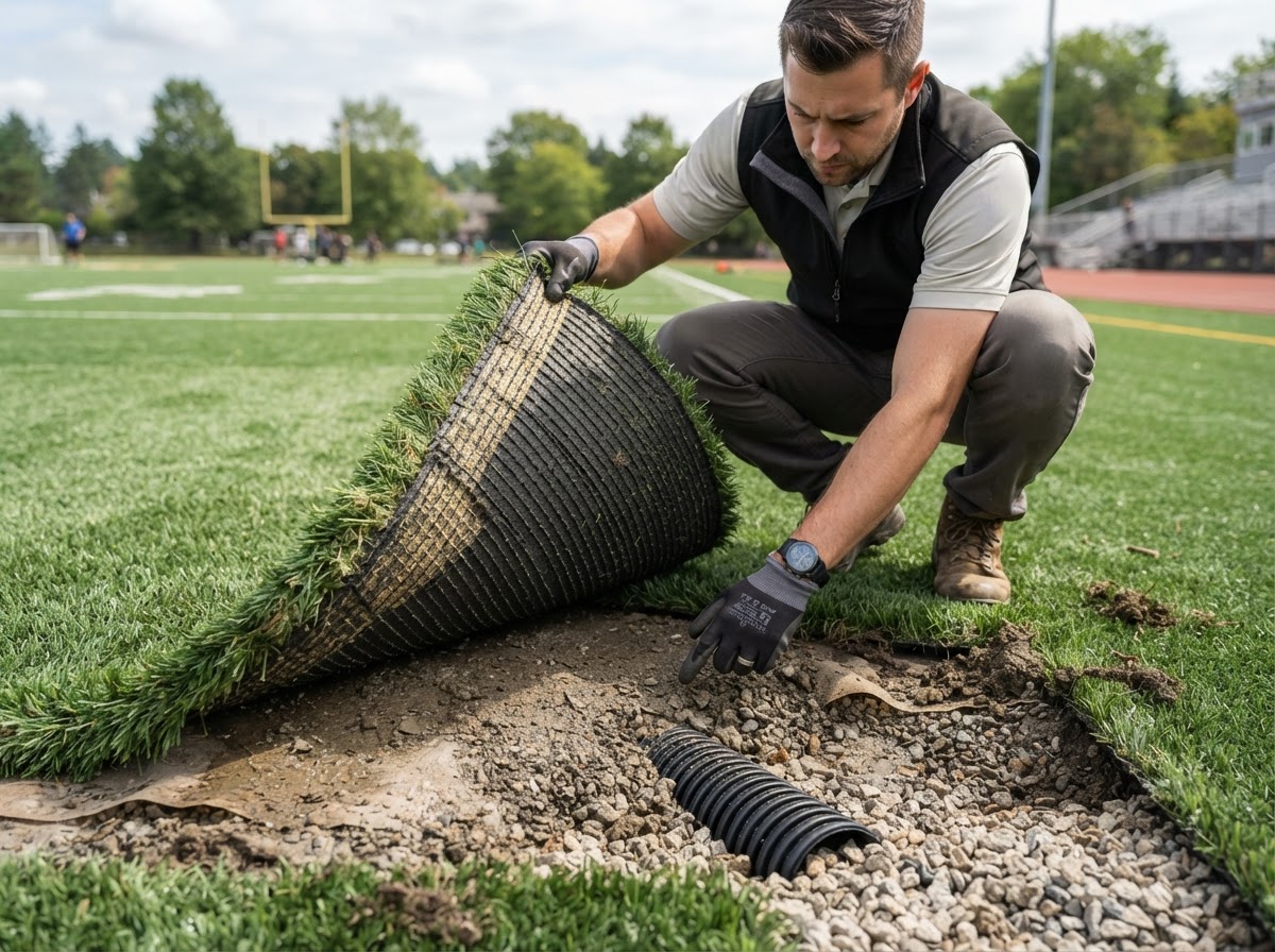 Artificial turf drainage repair and base inspection