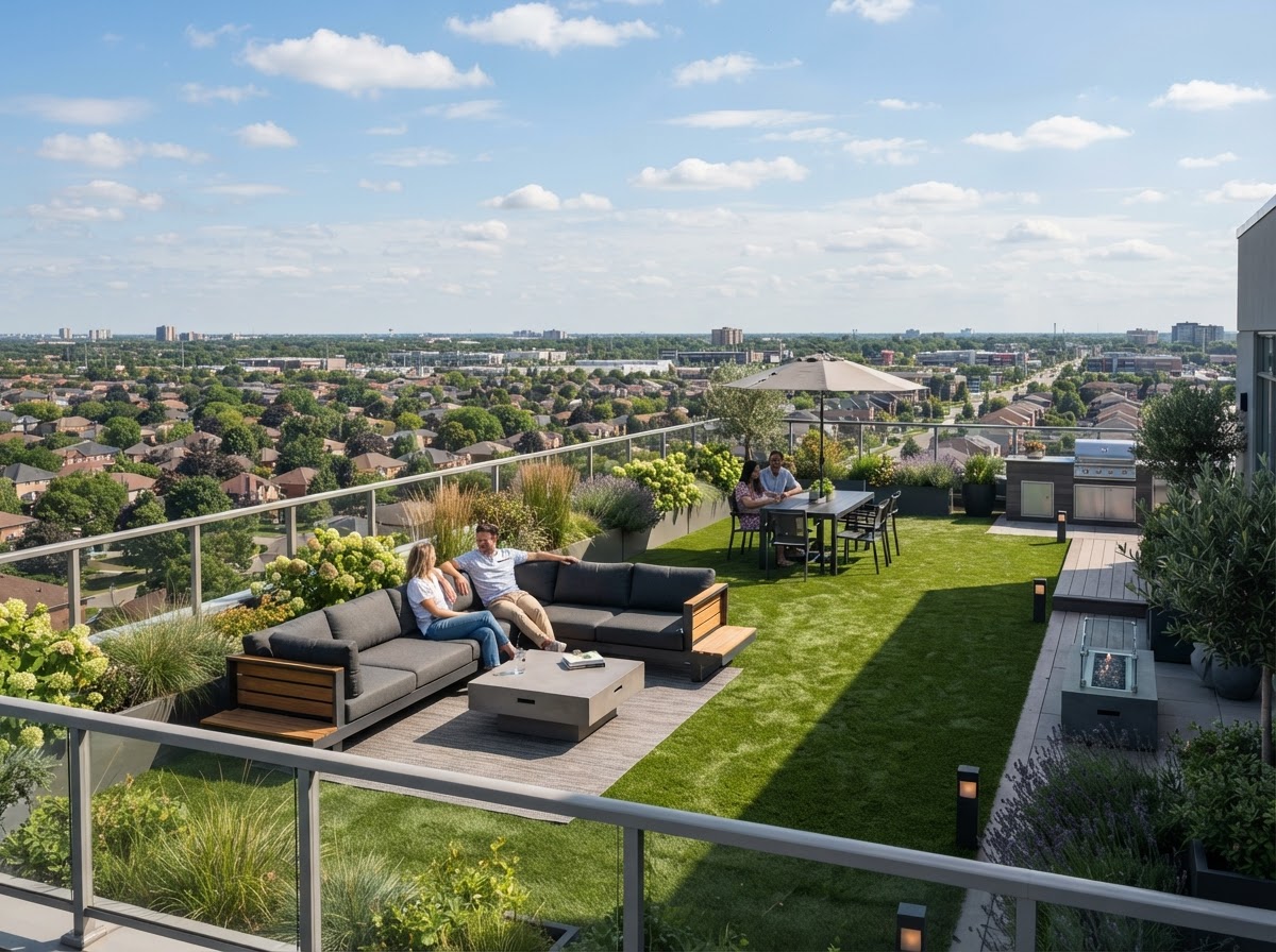 Rooftop artificial turf terrace installation