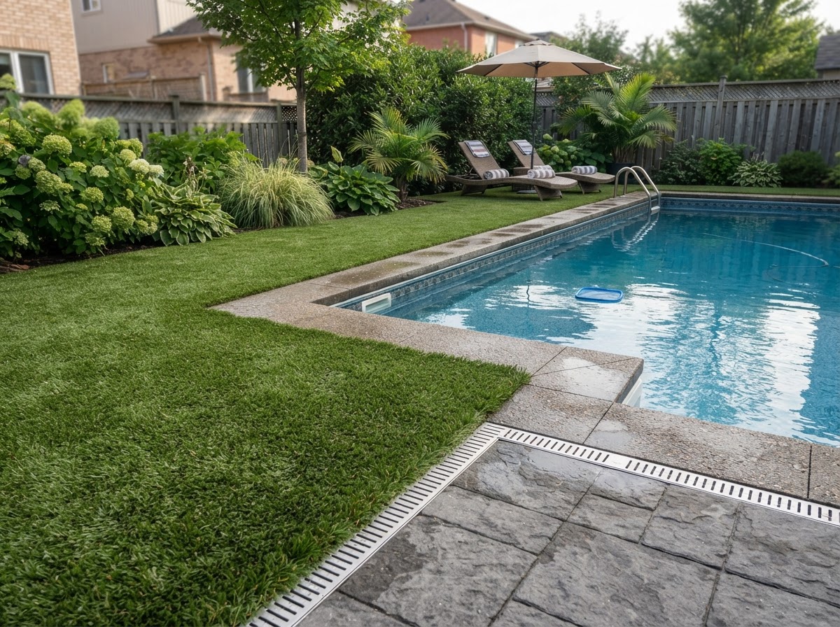 Artificial turf around a swimming pool in Valley Stream NY