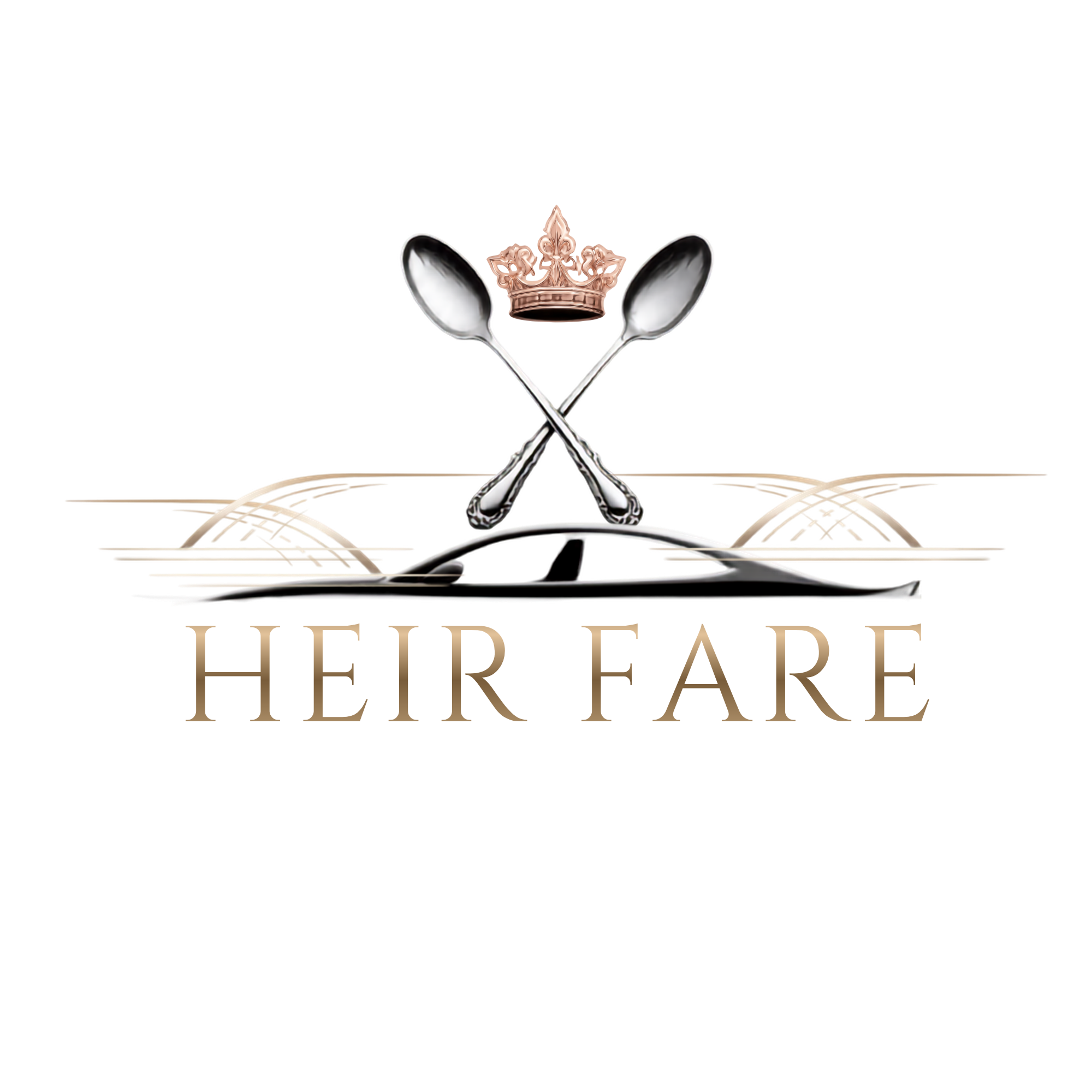 Heir Fare — crown, crossed spoons, and car silhouette wordmark