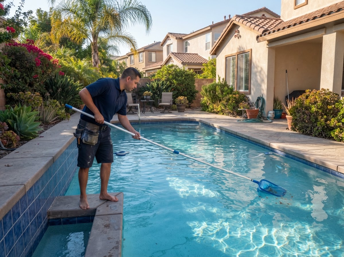 Weekly pool cleaning service at a residential property in Artesia CA