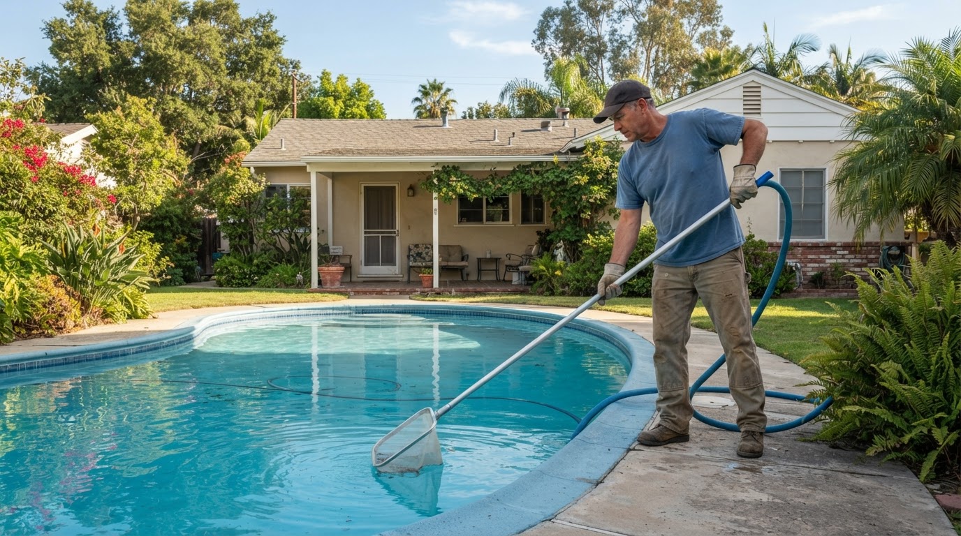 Pool cleaning service at a residential property in Lakewood CA