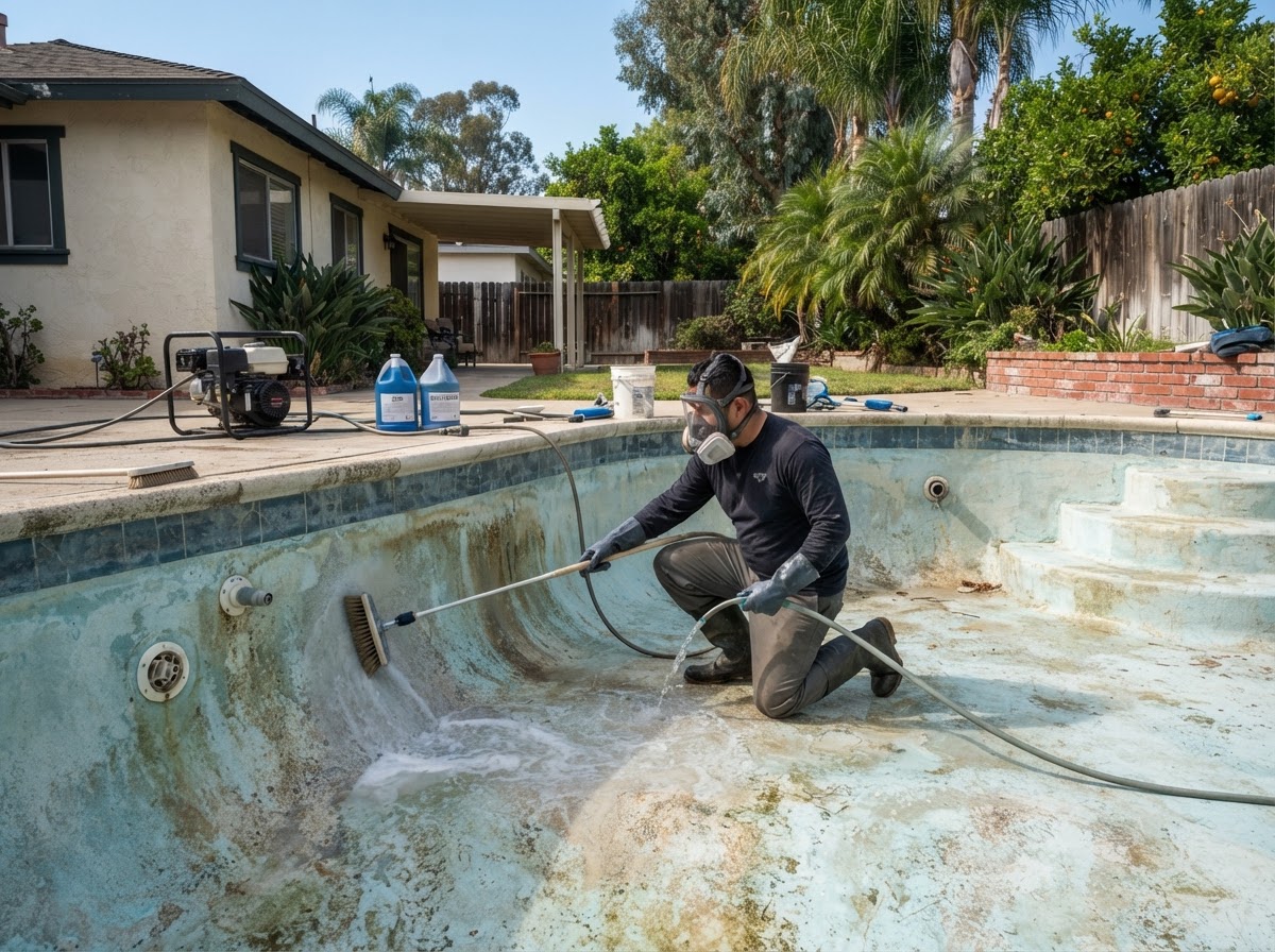 Professional pool acid washing service at a residential property in Lakewood CA