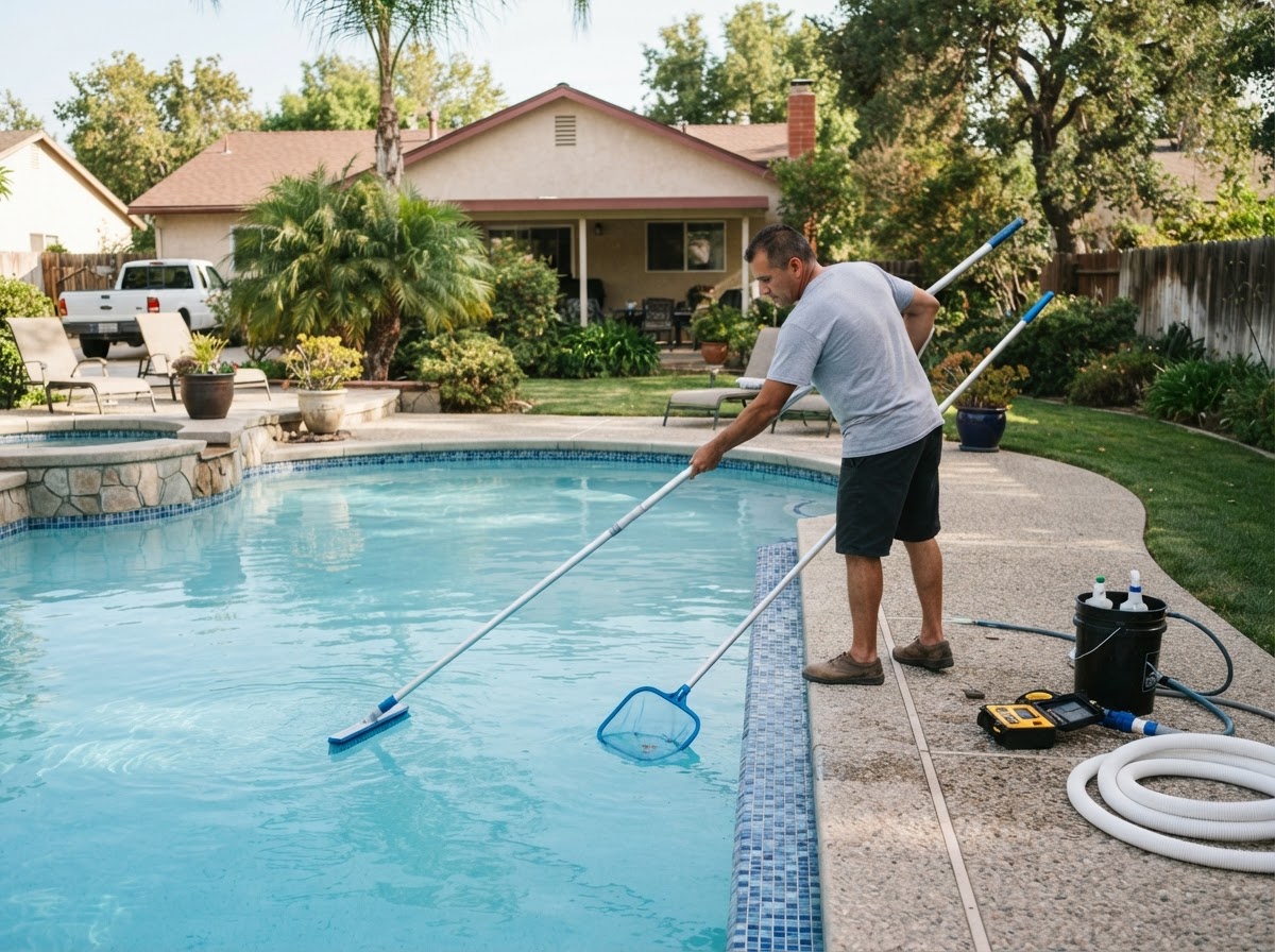 Weekly pool cleaning technician servicing a residential pool in Lakewood CA