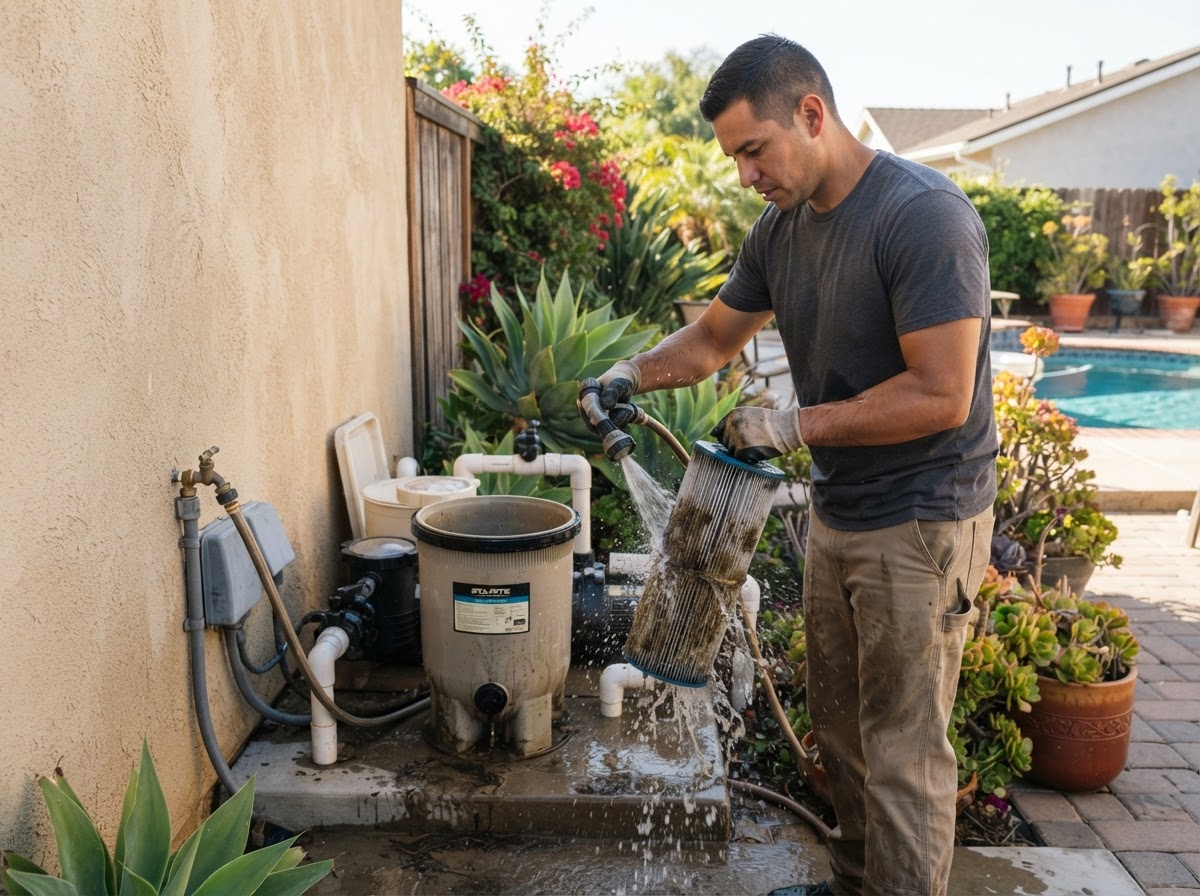 Pool filter cleaning service at a residential property in Artesia CA