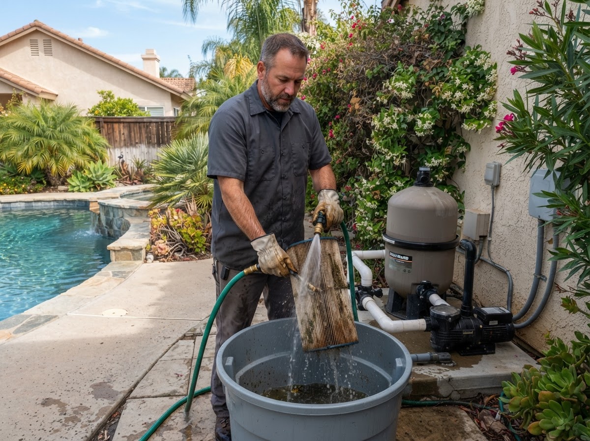 Residential pool filter cleaning in La Mirada CA