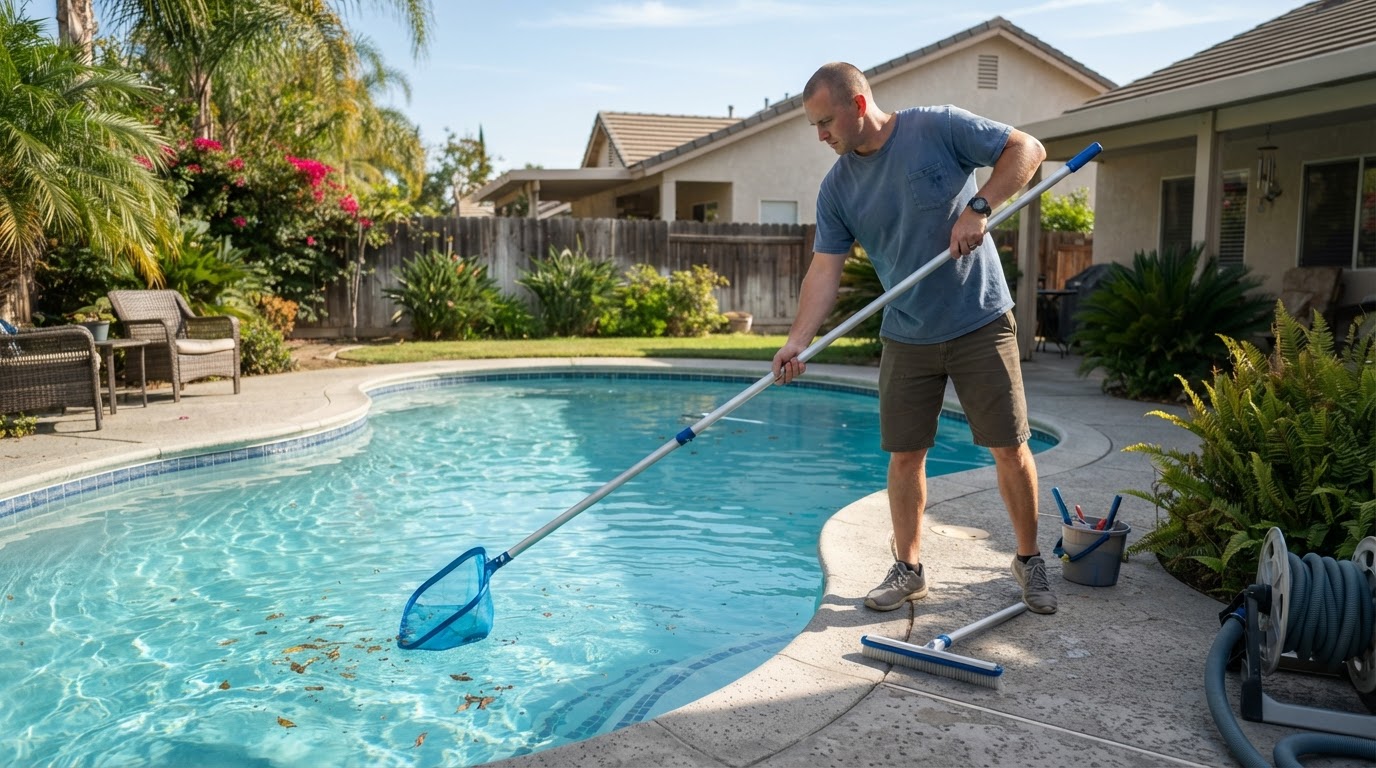 Pool service technician cleaning a residential pool in Bellflower CA