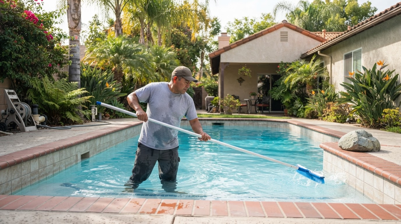 Pool cleaning service at a residential property in Downey CA