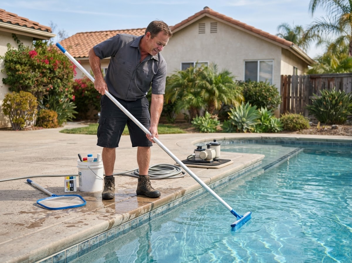 Pool service technician performing residential pool maintenance in Bellflower CA