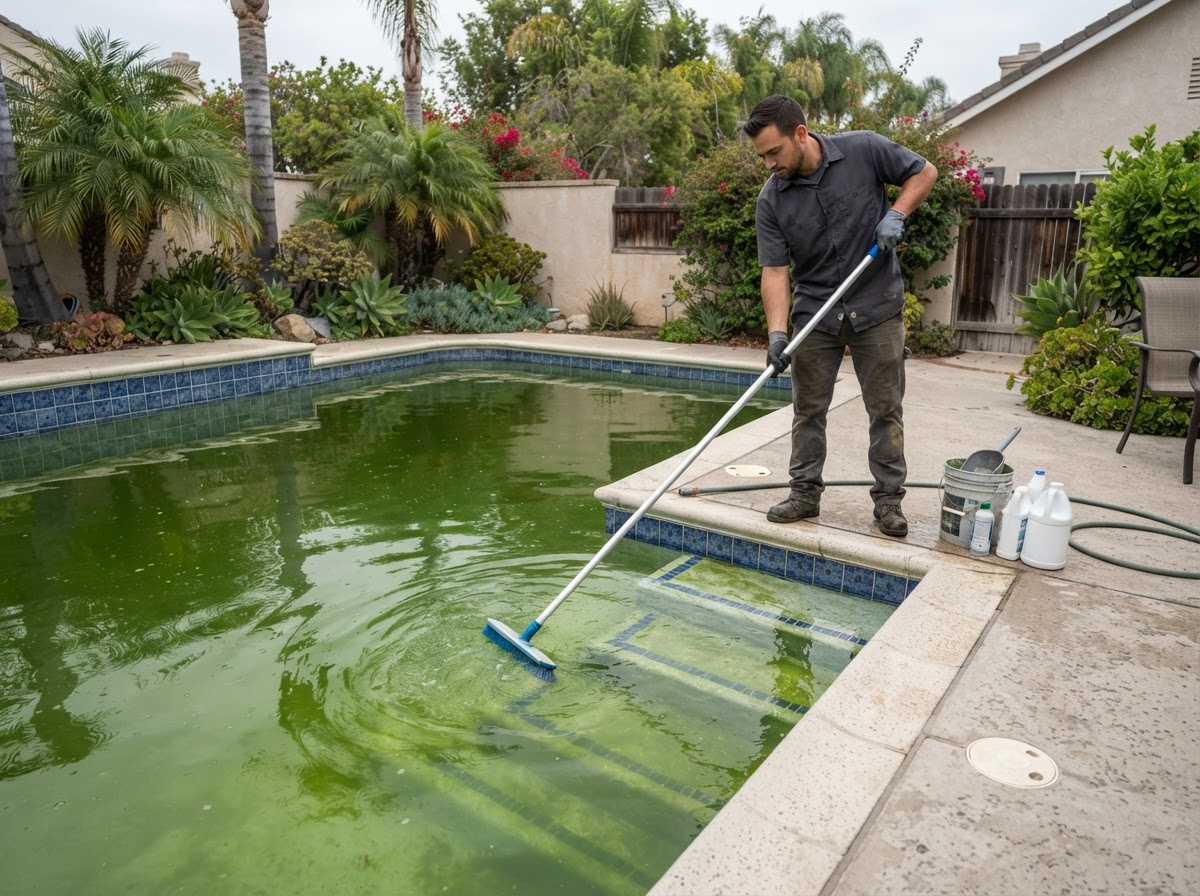 Green pool cleanup and algae treatment service in Bellflower California