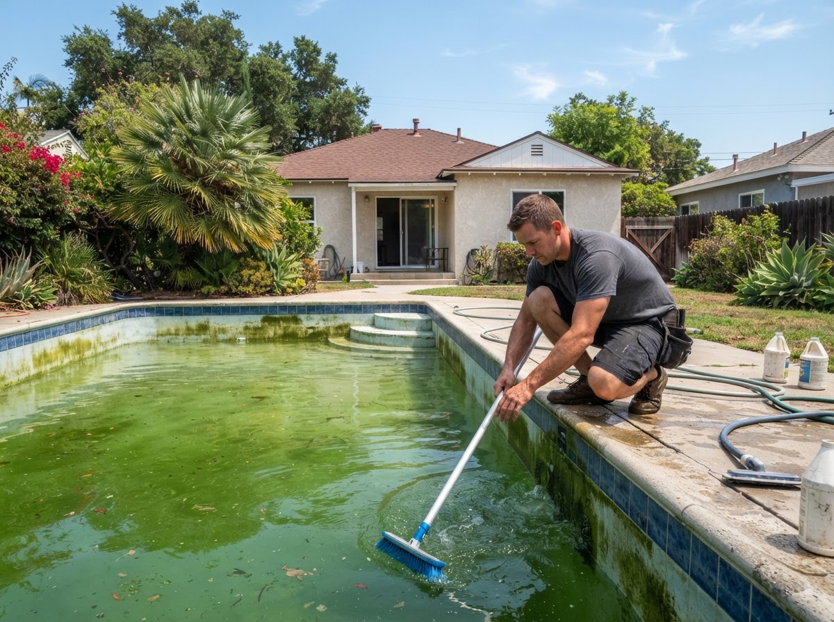 Green pool cleanup at a residential property in Lakewood CA