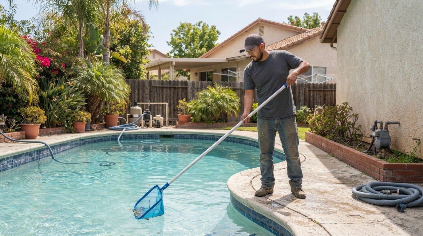 Pool cleaning service at a residential property in Artesia CA