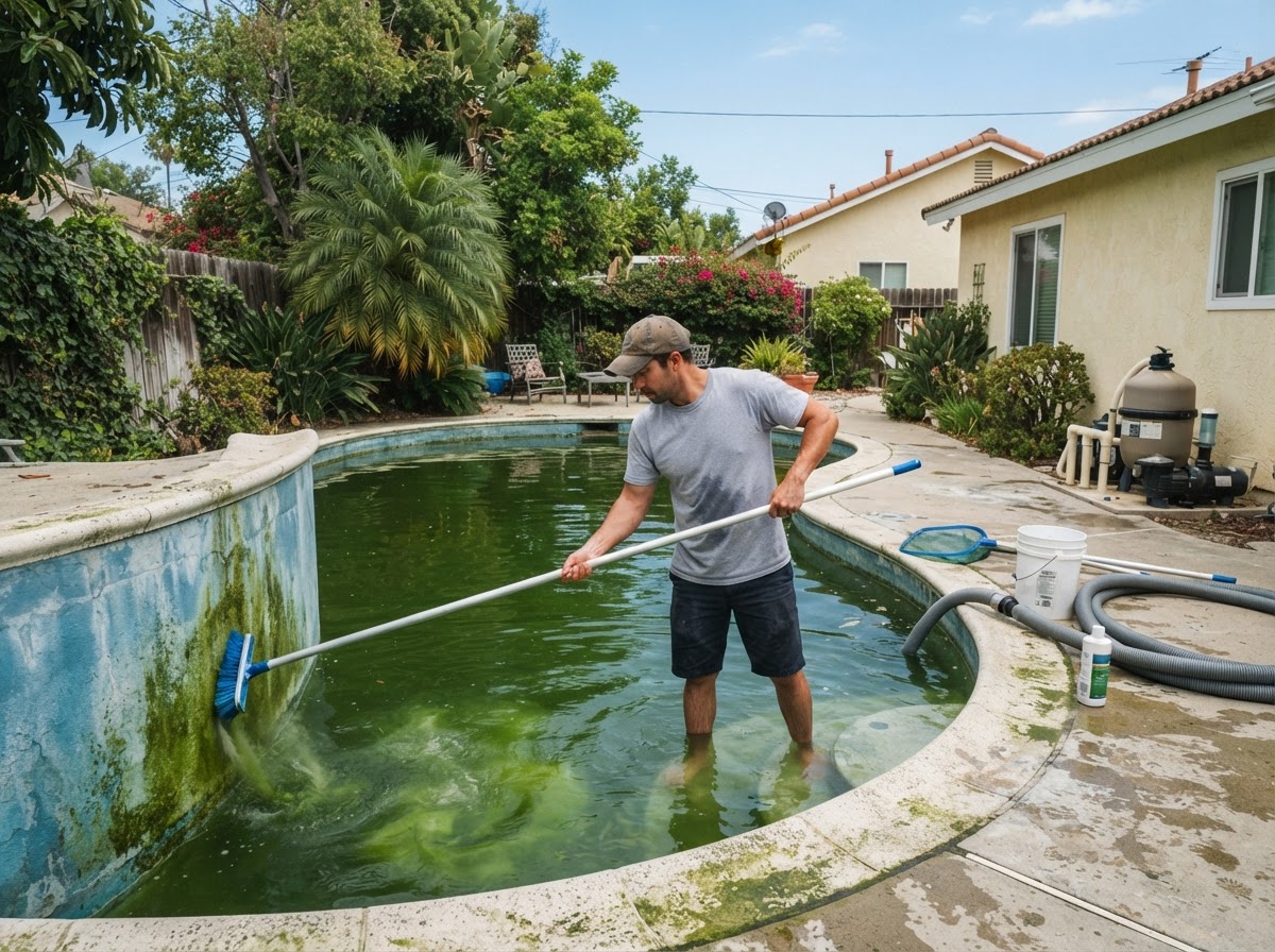 Professional green pool cleanup service in Downey CA