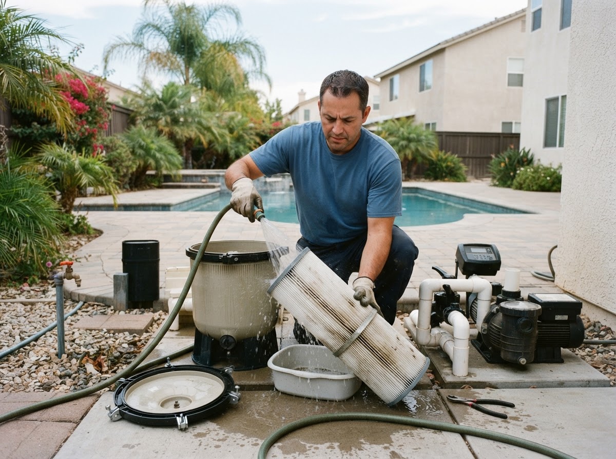 Pool filter cleaning at a residential property in Cerritos CA