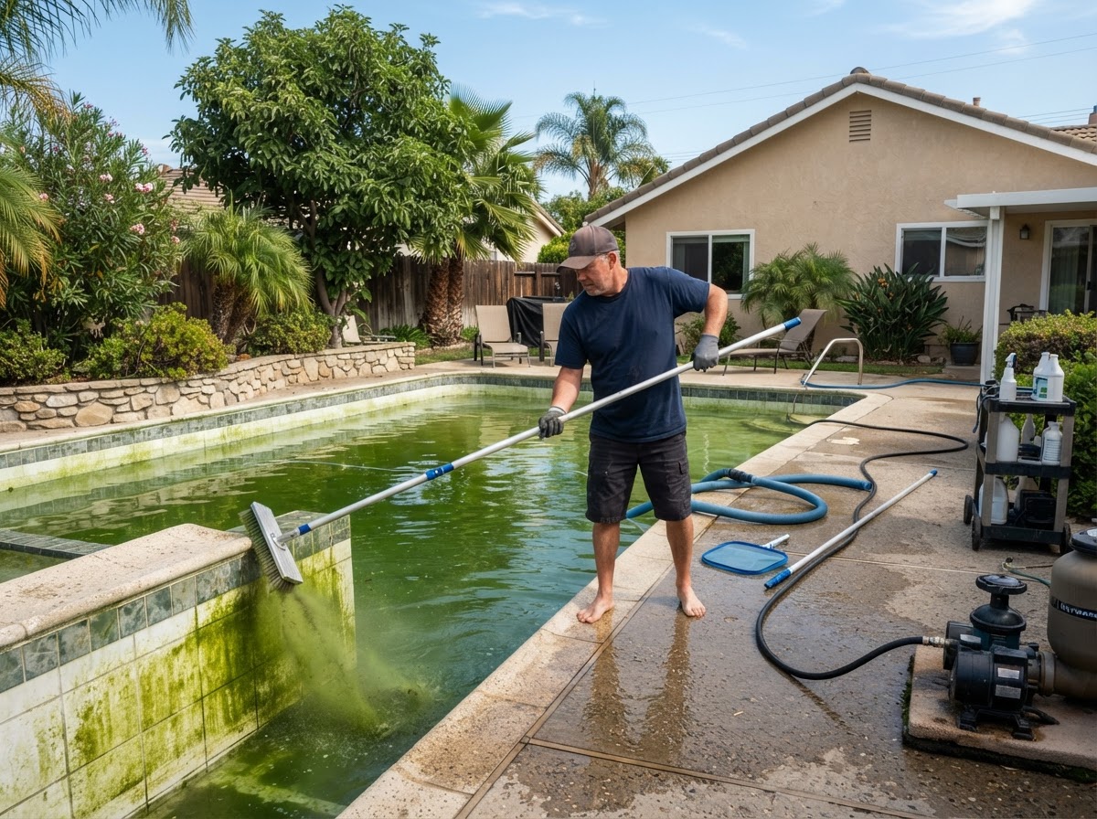 Green pool cleanup at a residential property in La Mirada CA
