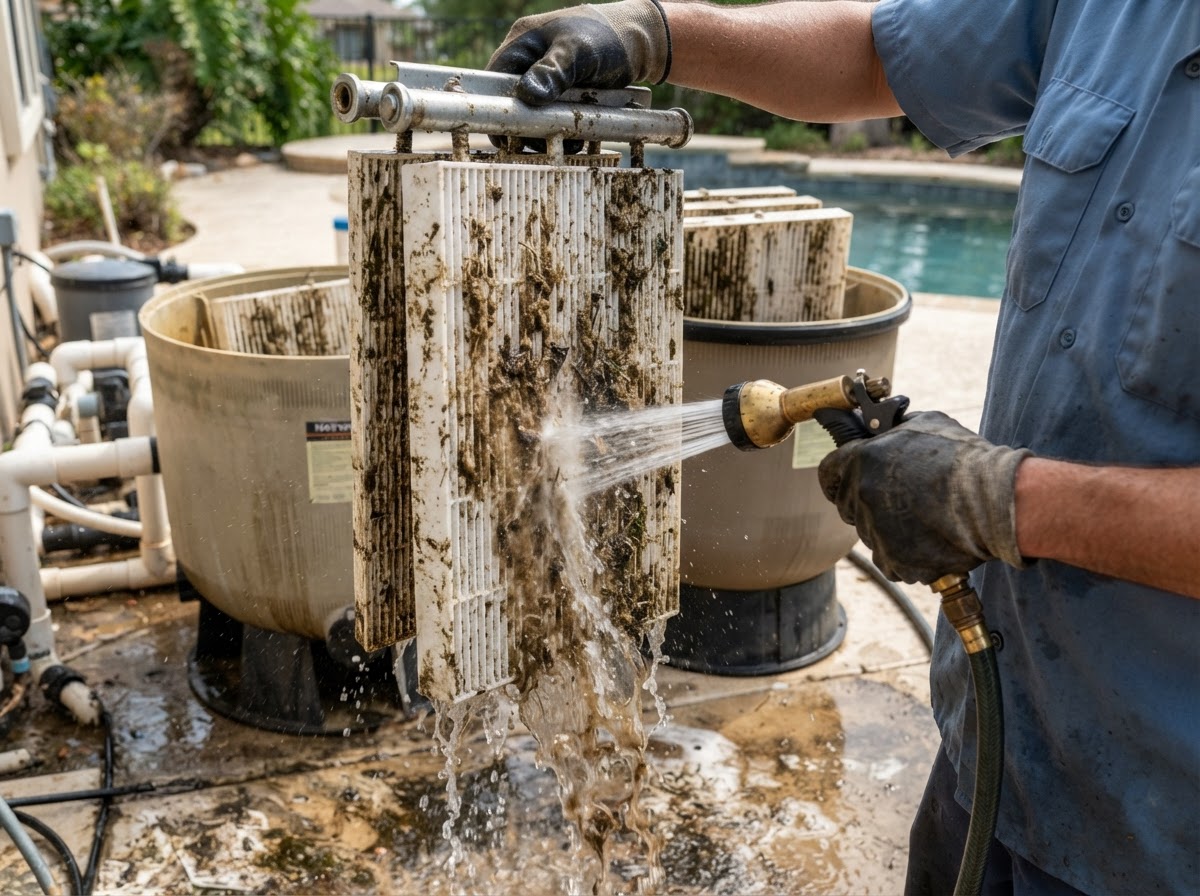 Residential swimming pool filter cleaning in Bellflower California
