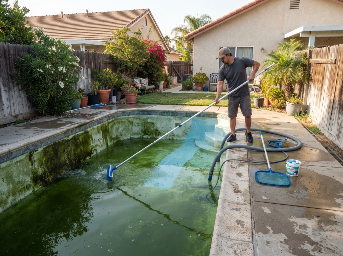 Green pool cleanup service at a residential property in Artesia CA