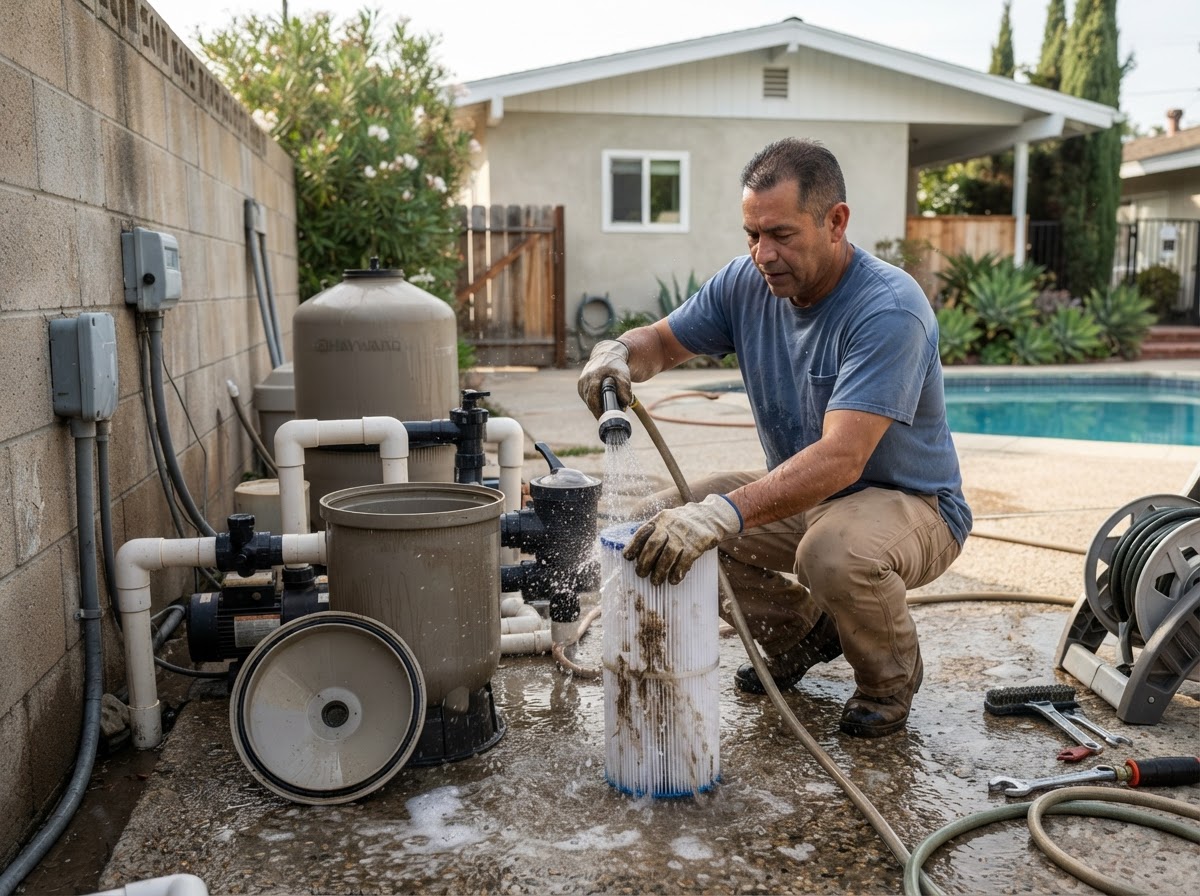 Pool filter cleaning at a residential property in Lakewood CA