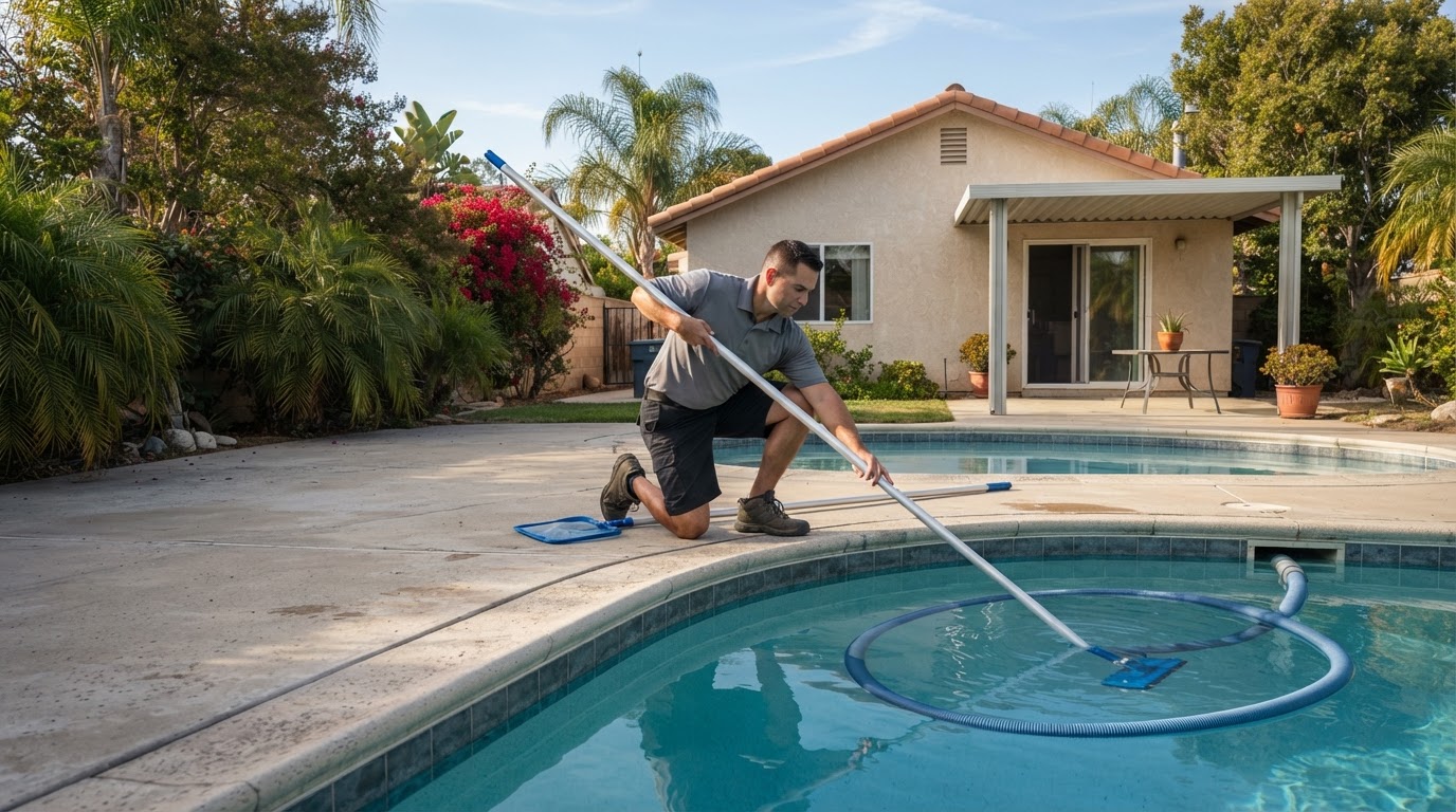 Pool cleaning technician servicing a residential swimming pool in Bellflower California