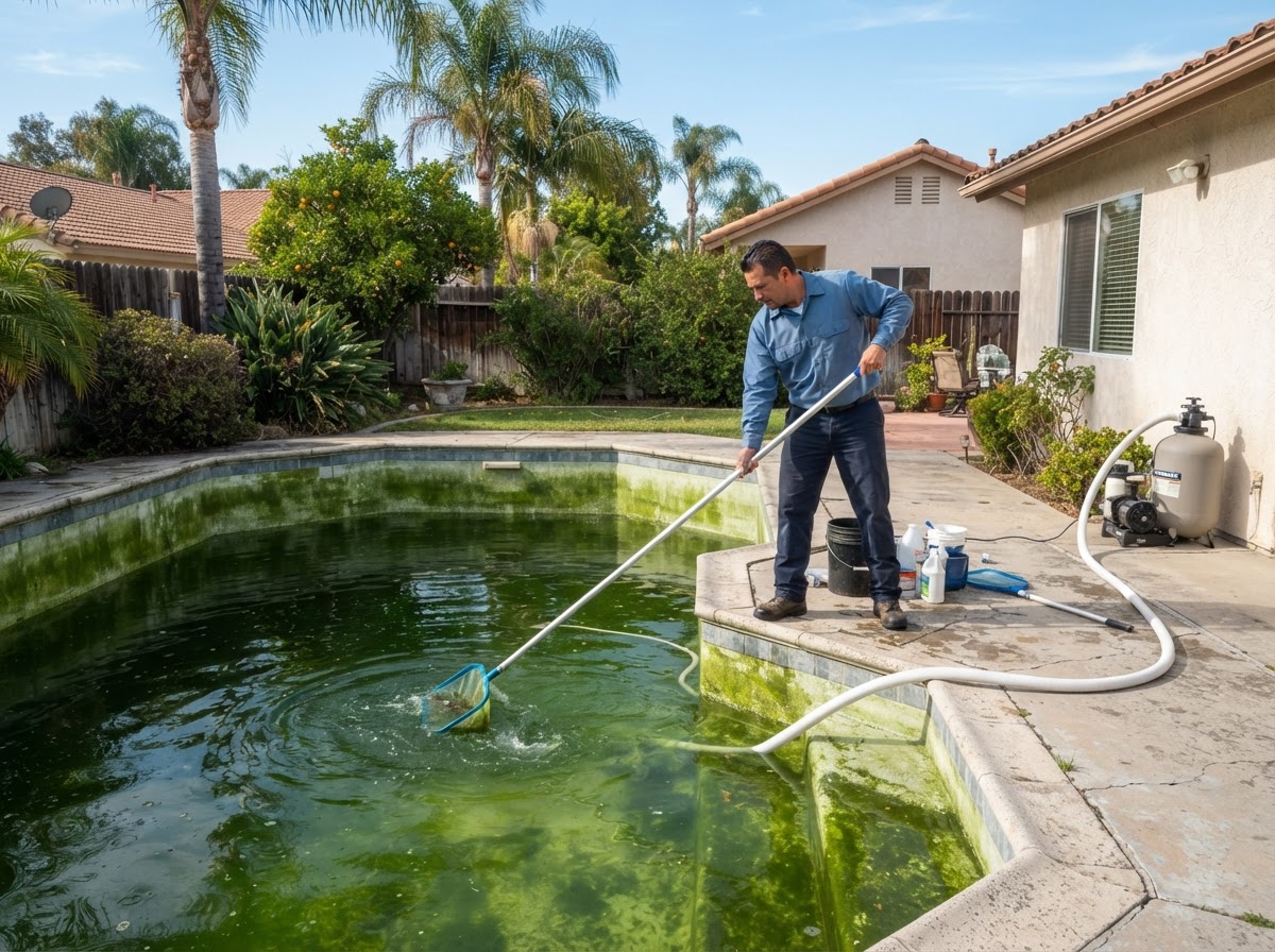 Professional green pool cleanup for a residential pool in Norwalk CA