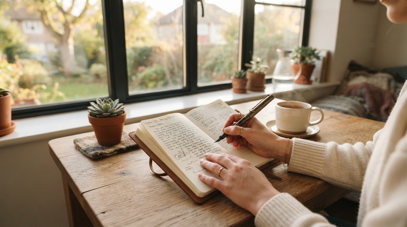 Hands writing in an open notebook on a sunlit wooden desk beside a cup of tea, representing quiet morning reflection