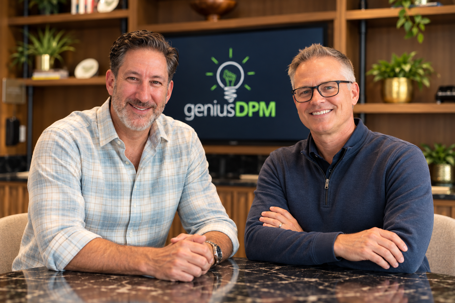 Matthew and Chris from geniusDPM together in a professional coaching setting with geniusDPM branding in the background