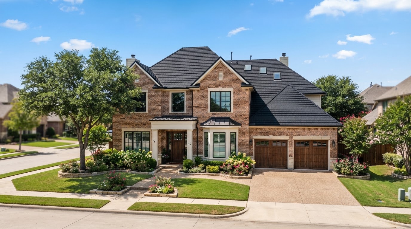 Suburban brick home with brand new pristine dark architectural shingle roof after Blackhawk Roofing replacement in Plano TX