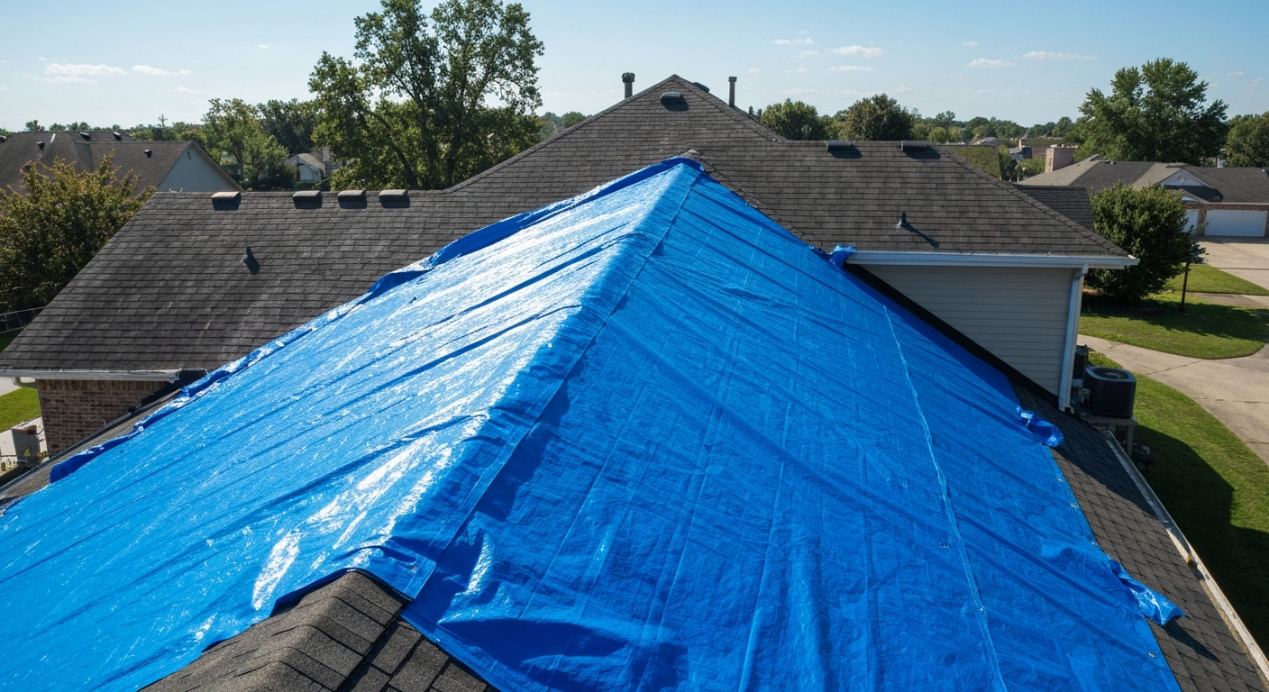 Emergency roof tarping installed to prevent active leaks