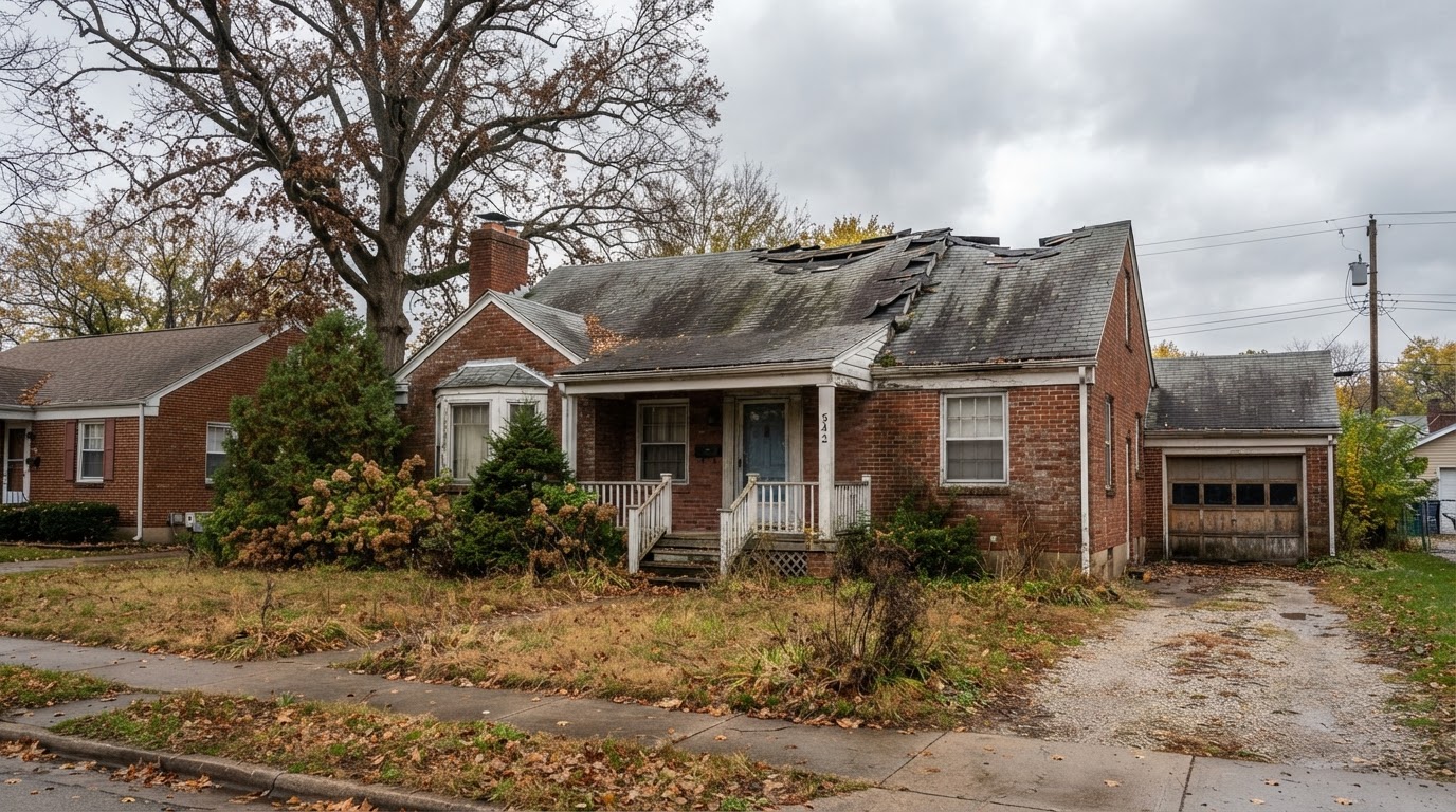 Suburban brick home with old worn stained asphalt shingle roof showing discoloration before Blackhawk Roofing replacement in Plano TX