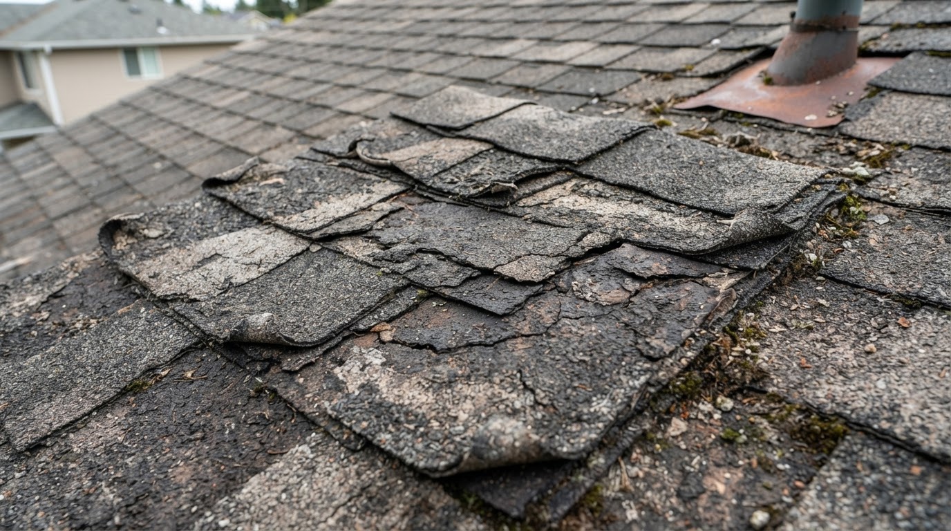 Close-up of old cracked and curling asphalt roof shingles with granule loss before Blackhawk Roofing repair in Richardson TX