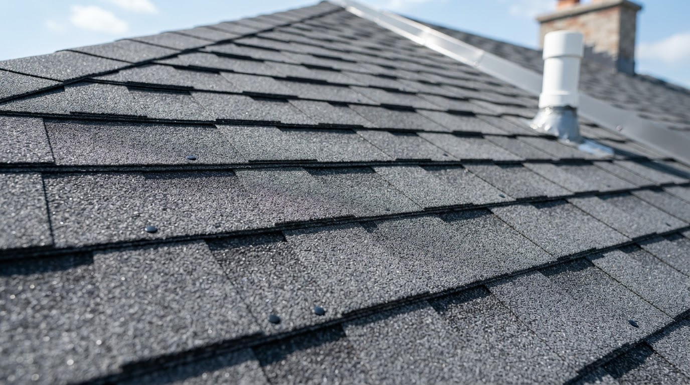 Close-up of brand new dark gray architectural asphalt roof shingles perfectly installed after Blackhawk Roofing replacement in Richardson TX