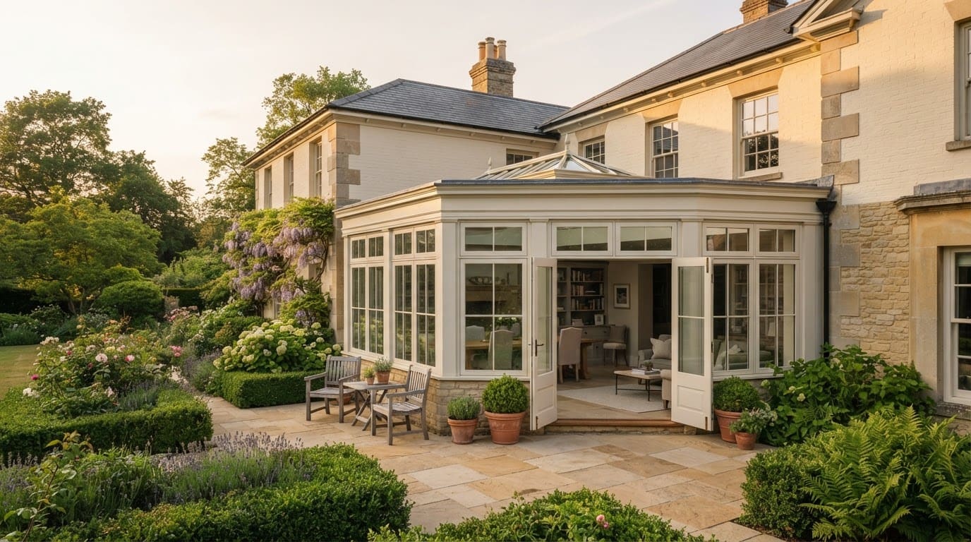 A bespoke orangery glass extension beautifully integrated with an elegant London period home