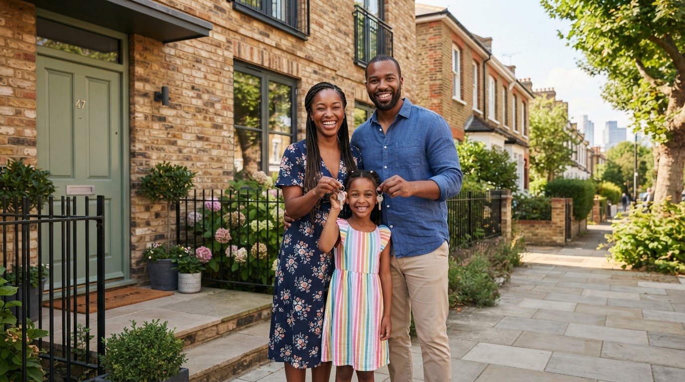 Diverse British family in front of their new home in London