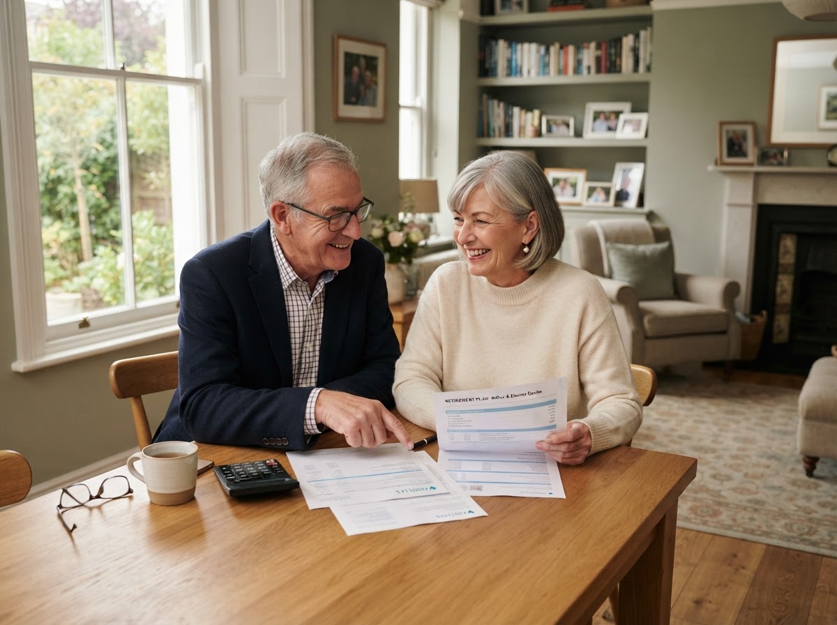 Mature British couple reviewing retirement interest-only mortgage plans