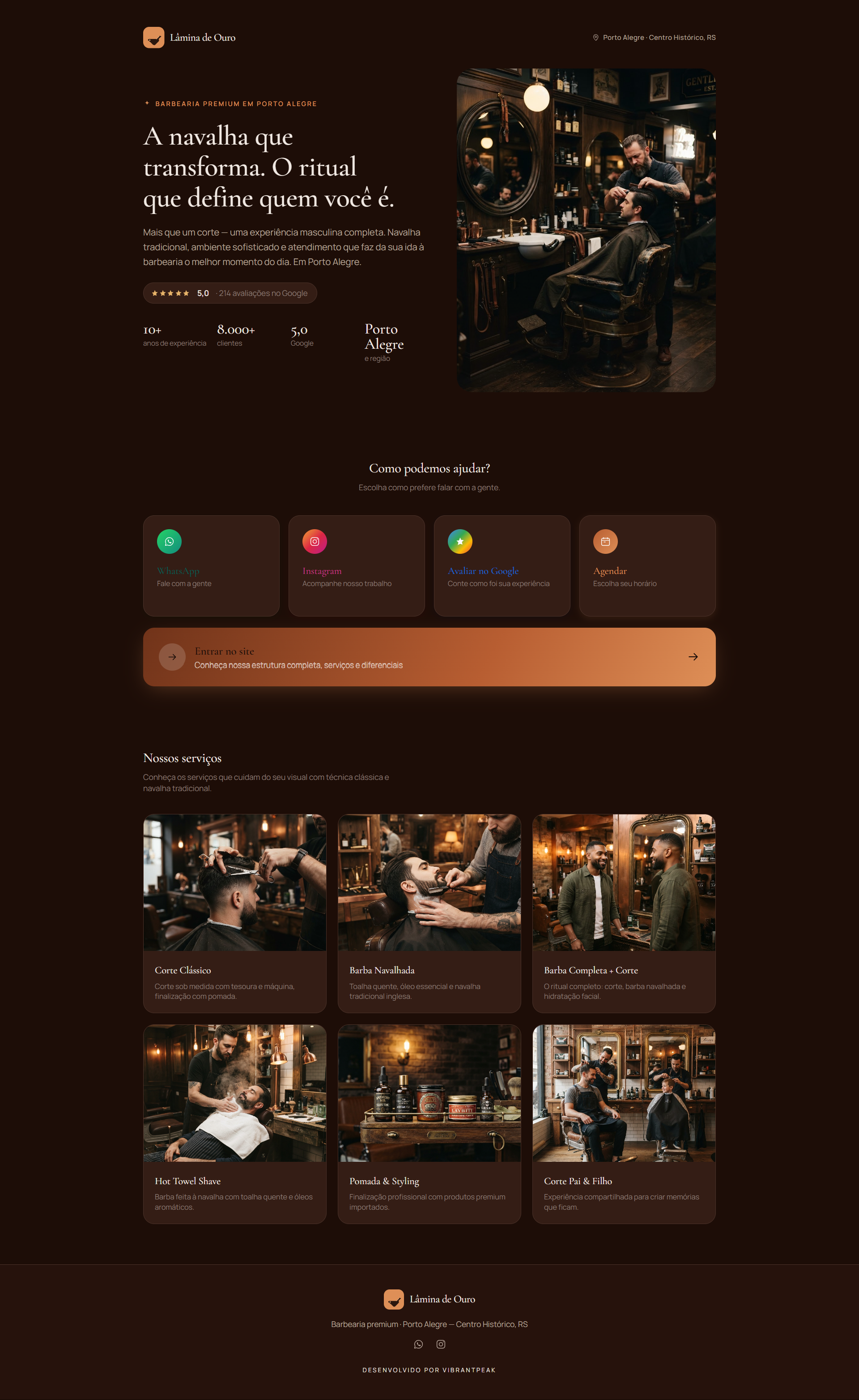 Exemplo de site na bio estilo catálogo desenvolvido pela Vibrant Peak — barbearia Lâmina de Ouro com hero editorial, grid de serviços e canais de contato WhatsApp, Instagram e agendamento