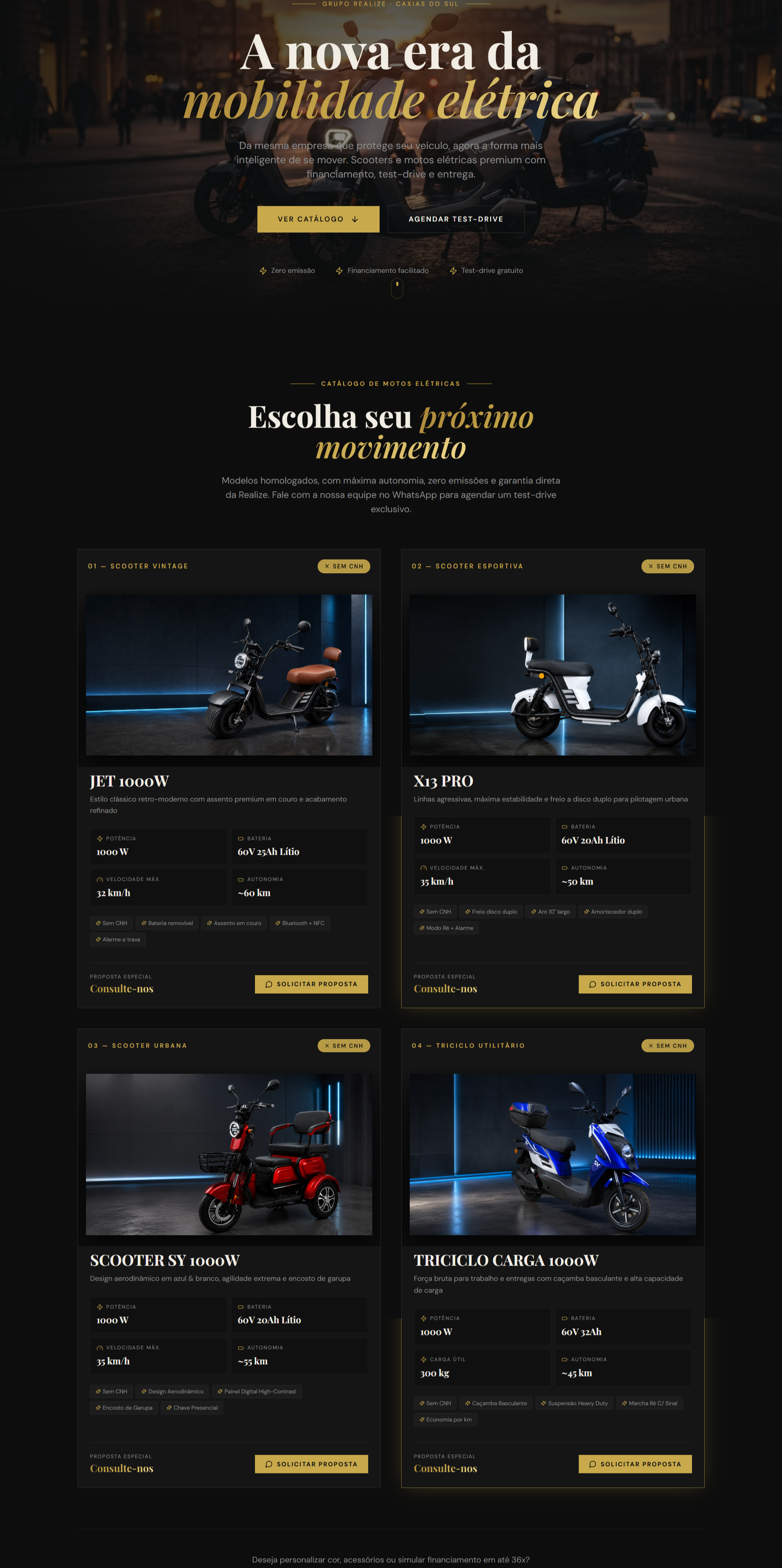 Exemplo de landing page de conversão desenvolvida pela Vibrant Peak — catálogo de motos elétricas Realize com hero premium, ficha técnica por modelo e CTA de proposta