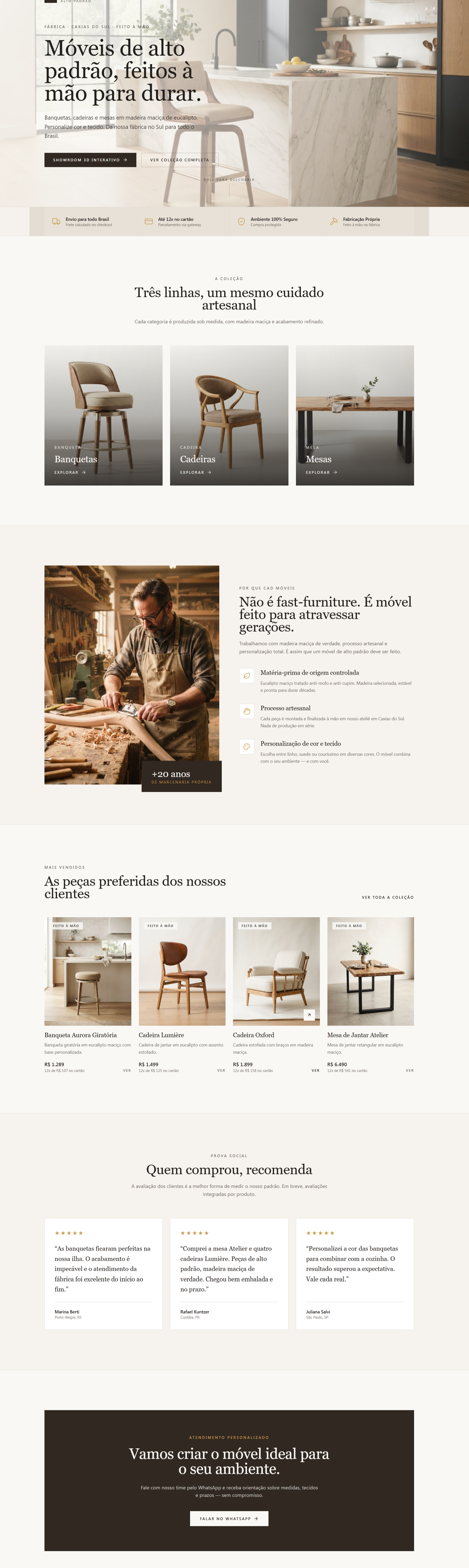 Exemplo de site institucional de móveis desenvolvido pela Vibrant Peak, com editorial de produto e prova social