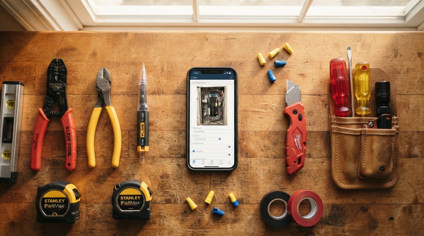 Electrician tools and smartphone showing a service intake form