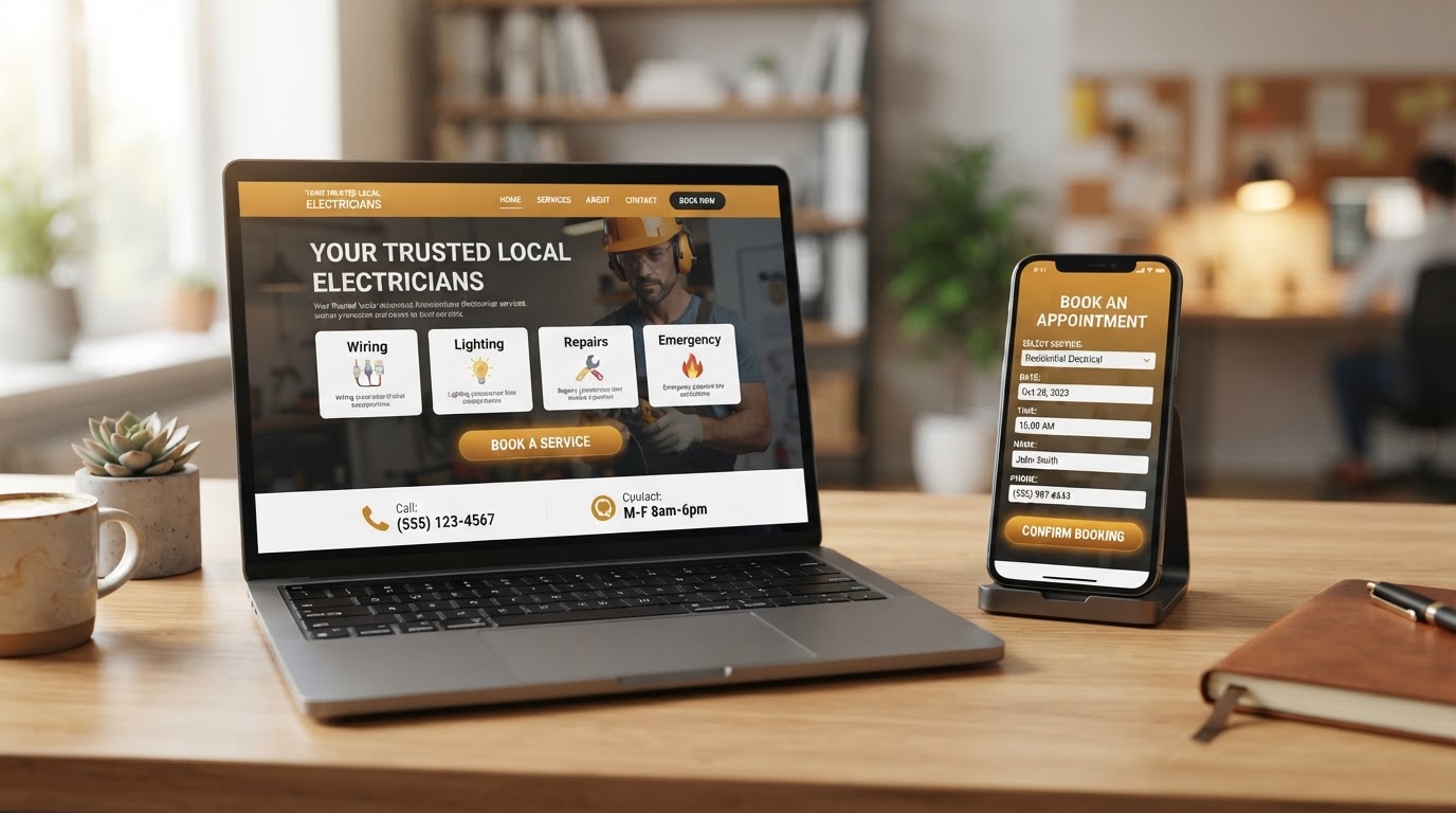 Laptop and smartphone showing the electrician website and booking screens