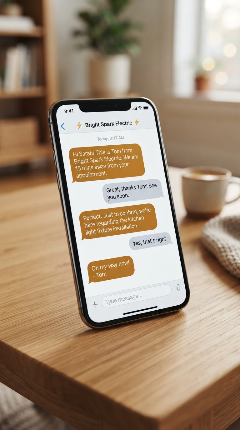Smartphone showing a text message confirmation from the electrician