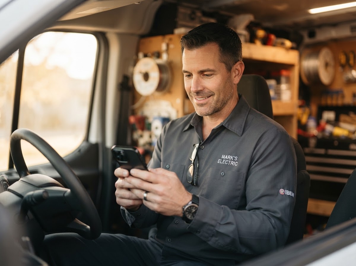 Electrician using a smartphone inside a service van
