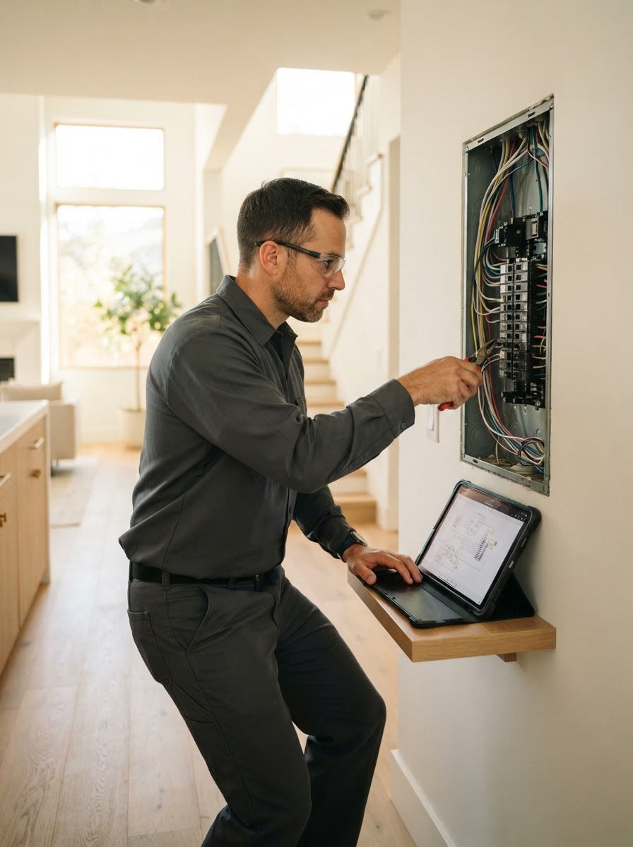 Professional electrician working on an electrical panel in a bright modern home