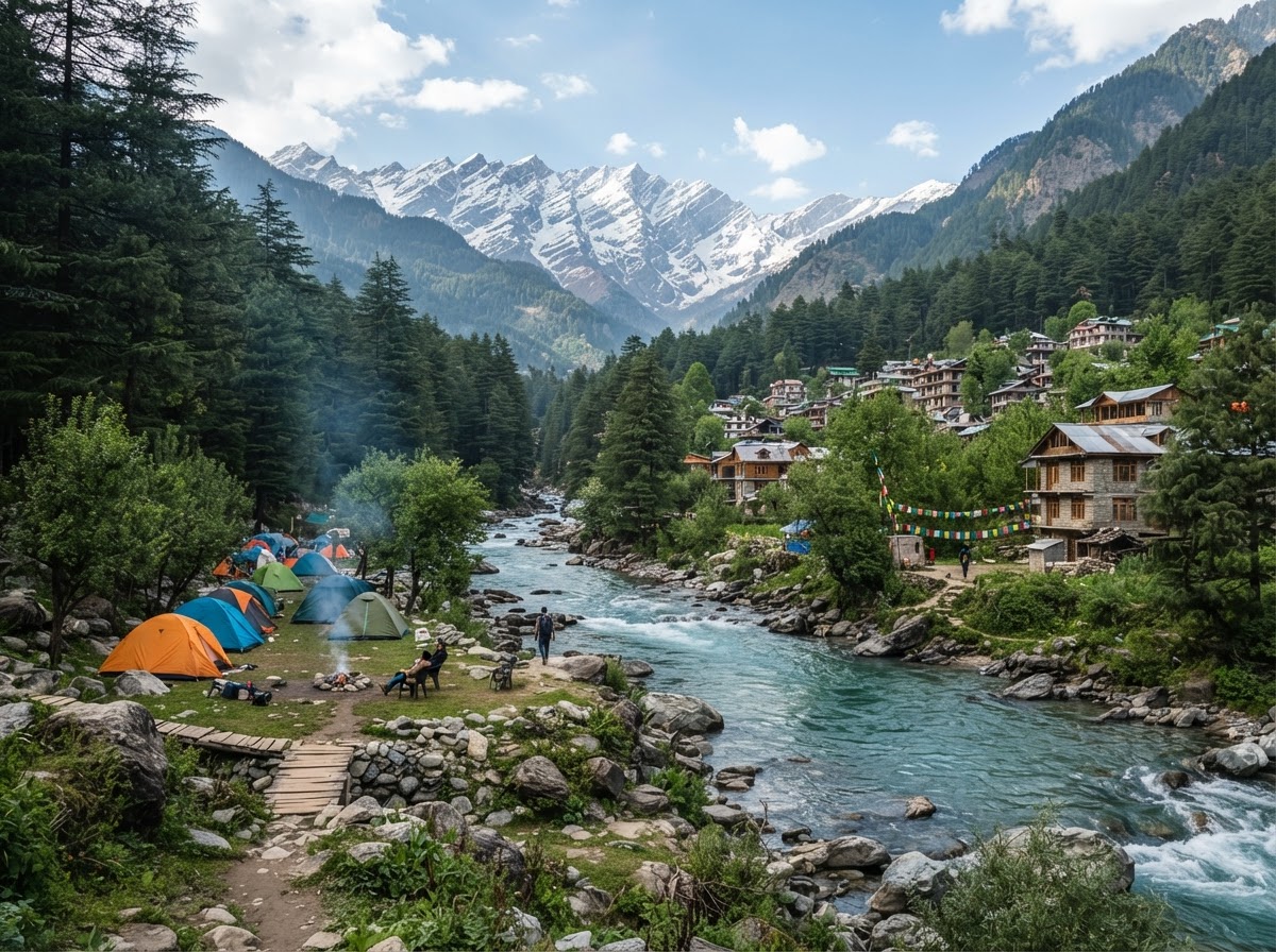 The turquoise Parvati river flowing through pine forest at Kasol village in the Parvati Valley, Himachal Pradesh, with Himalayan peaks behind