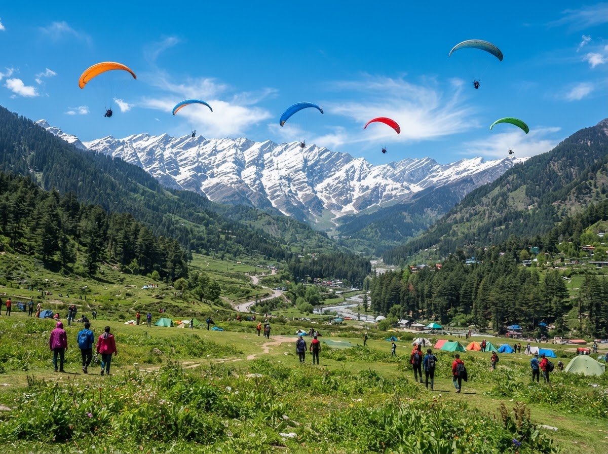 Paragliders over the green alpine meadow of Solang Valley near Manali, with snow-capped Himalayan peaks behind, Himachal Pradesh