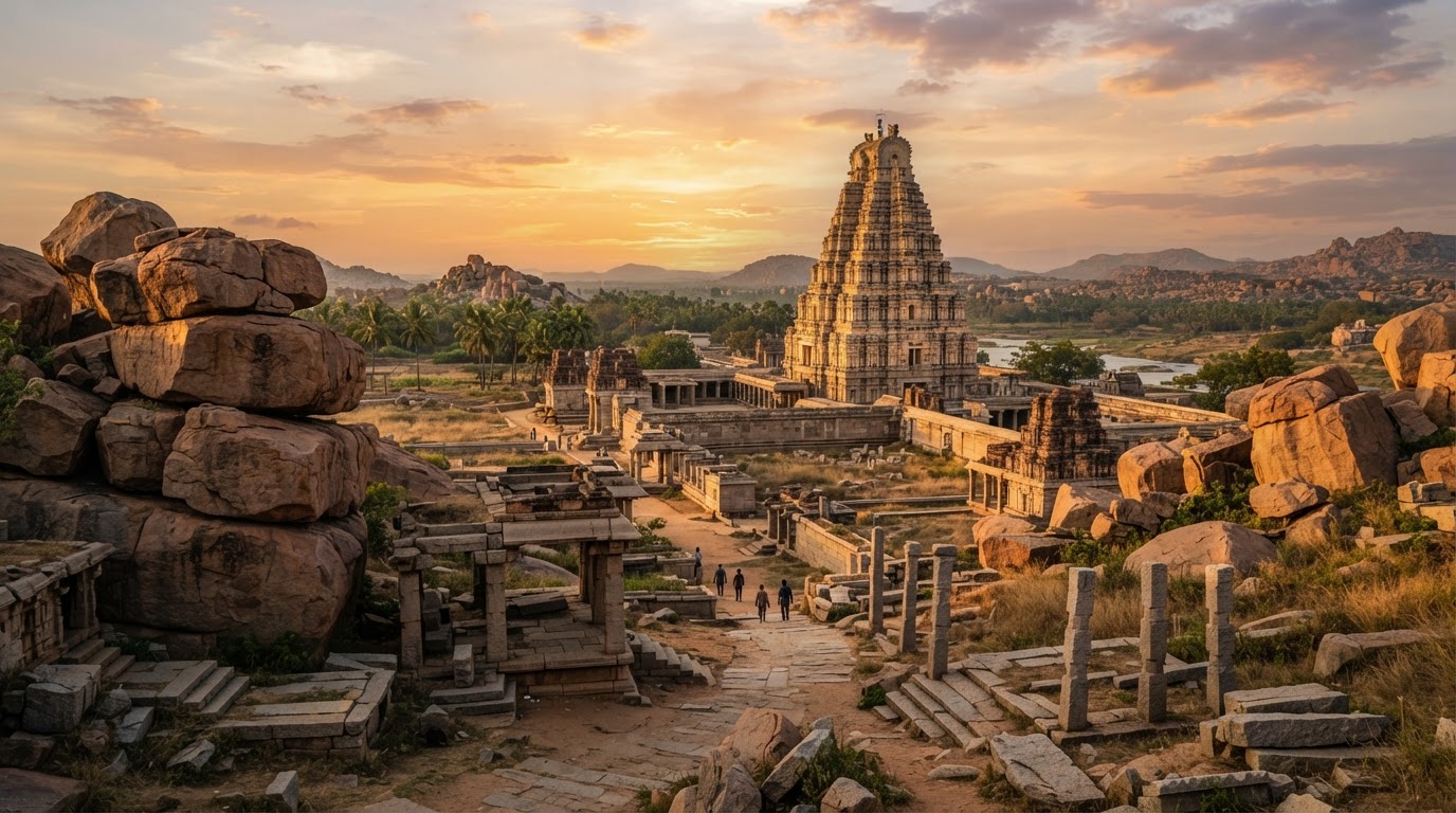 Ancient stone temple ruins and boulders at Hampi, Karnataka, under a warm sunset