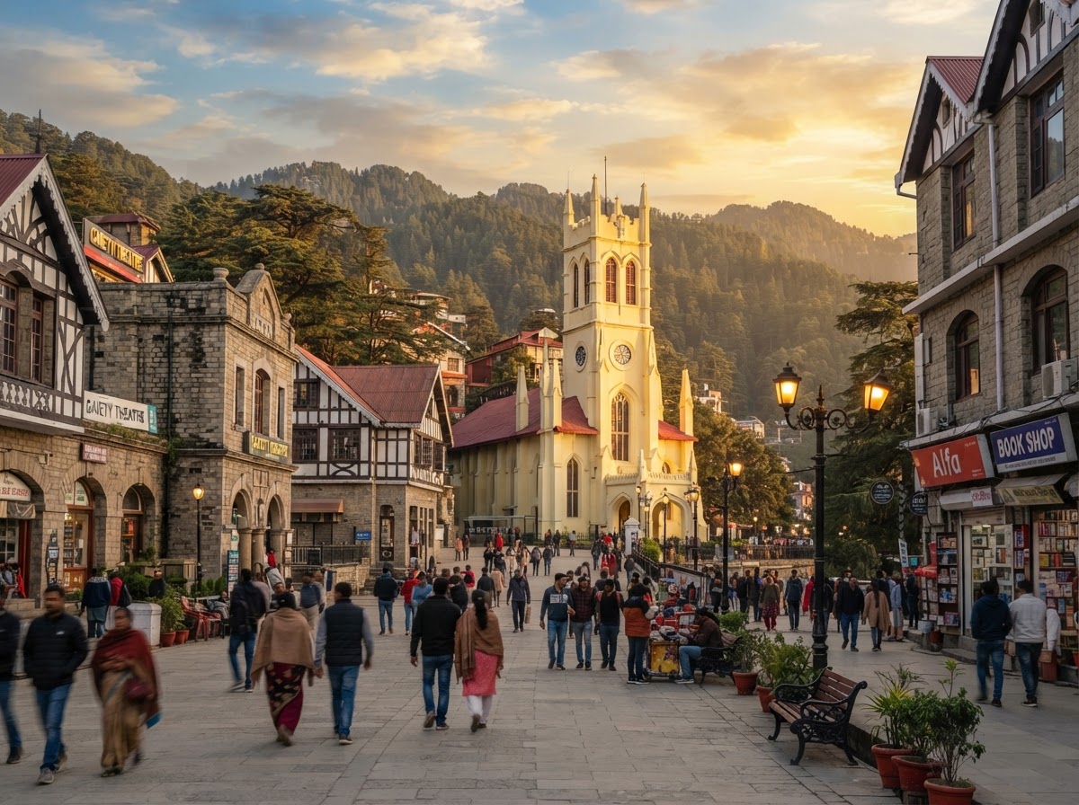 Christ Church and the Mall Road in Shimla, the Queen of Hills, with pine-covered Himalayan hills behind, Himachal Pradesh