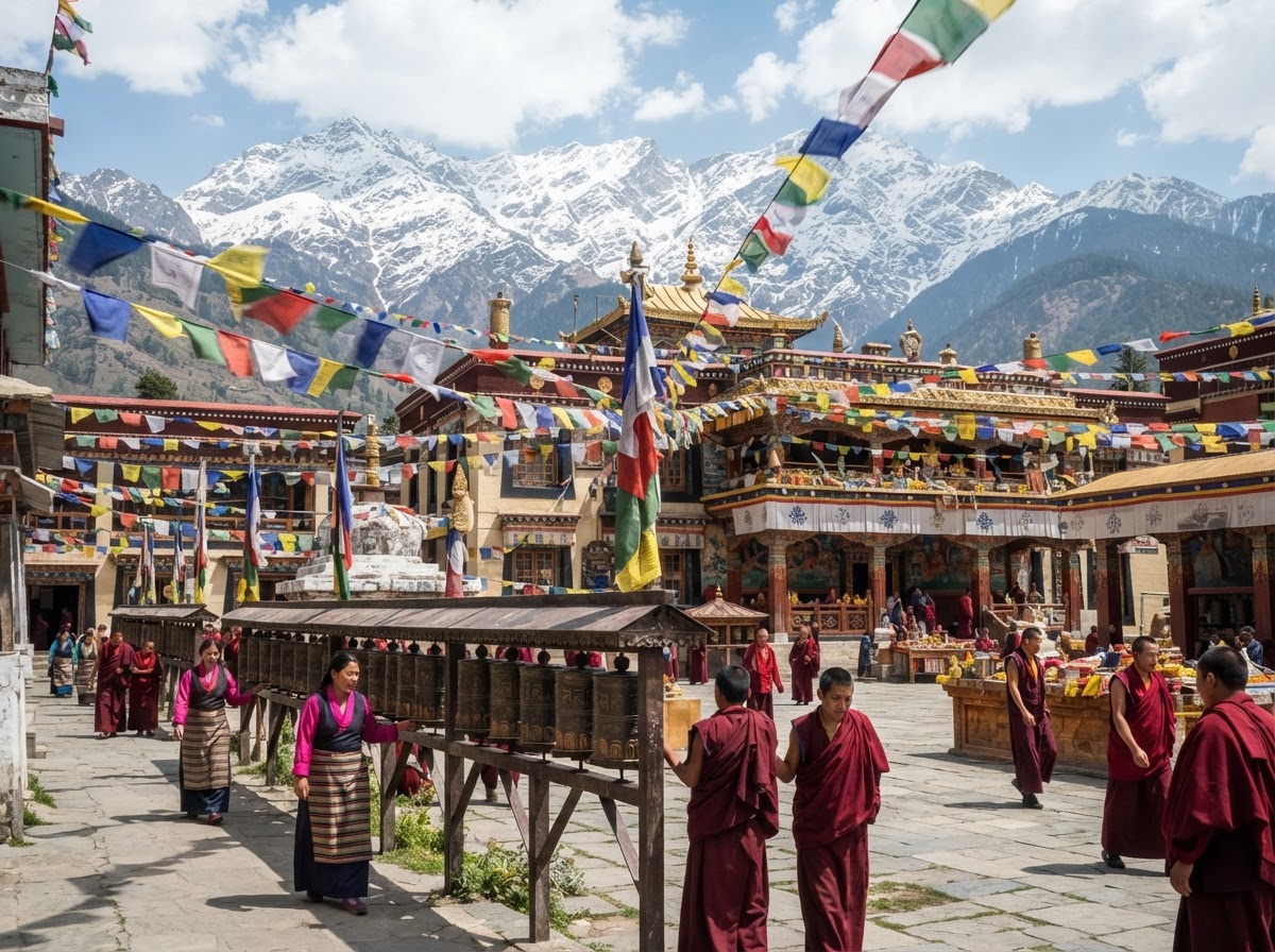 Prayer flags and the Tsuglagkhang monastery complex at Mcleodganj, Dharamshala, with the Dhauladhar snow range behind, Himachal Pradesh